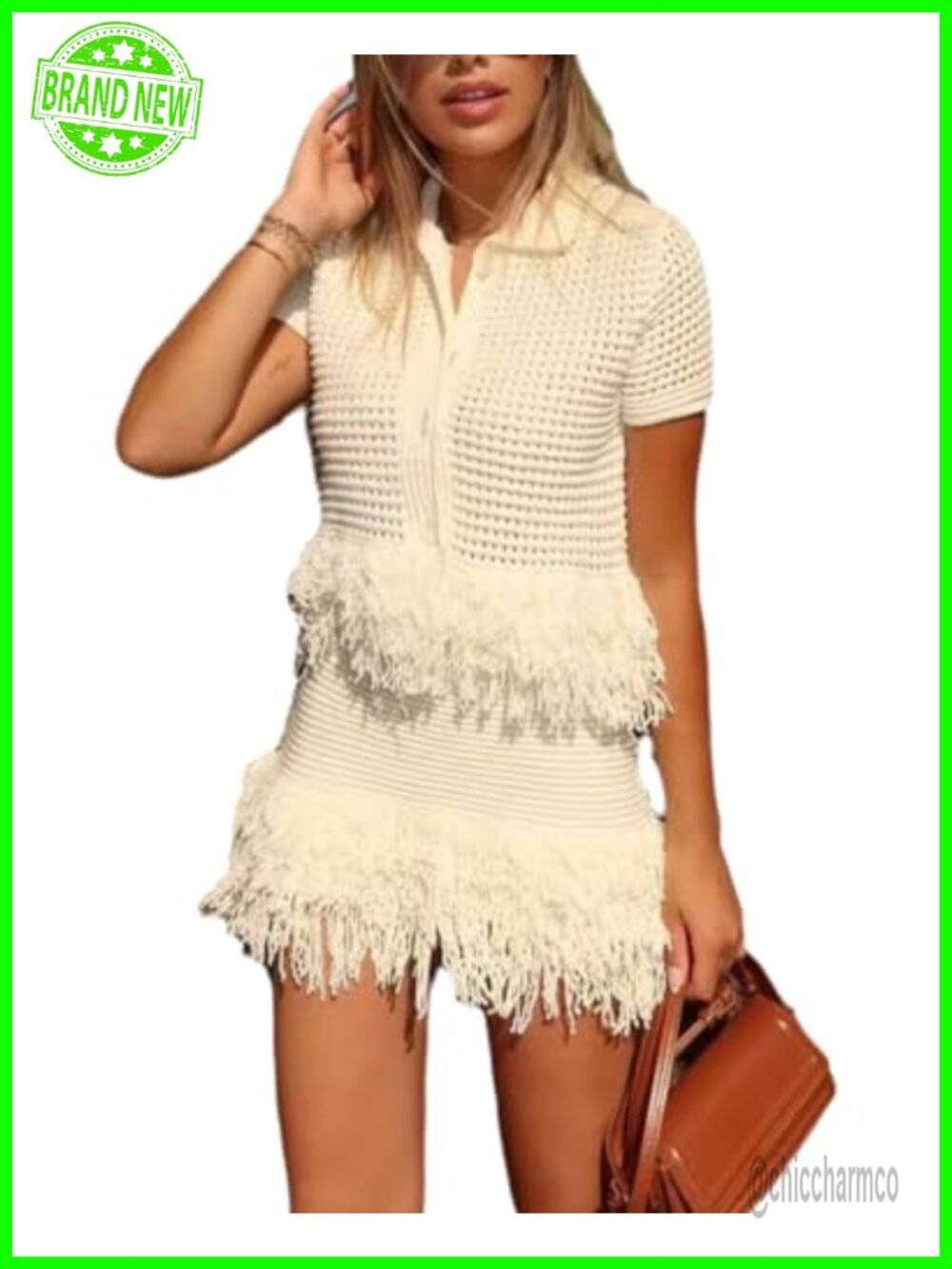 NIFTRIRY Women's 2 Piece Fringe Crochet Polo Shirt and Mini Skirt Set Summer